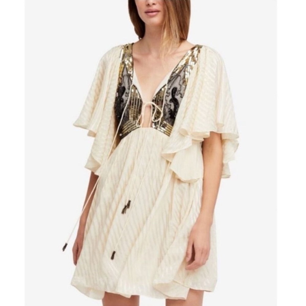 $300 NWT Free People A Moonlight Romance Minidress Ivory Gold Sequin Boho XS